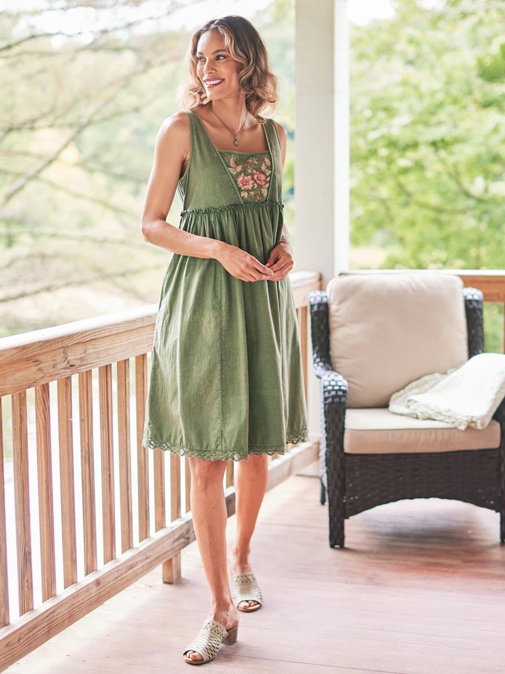 April Cornell Olive Green Embroidered Midi Sundress
